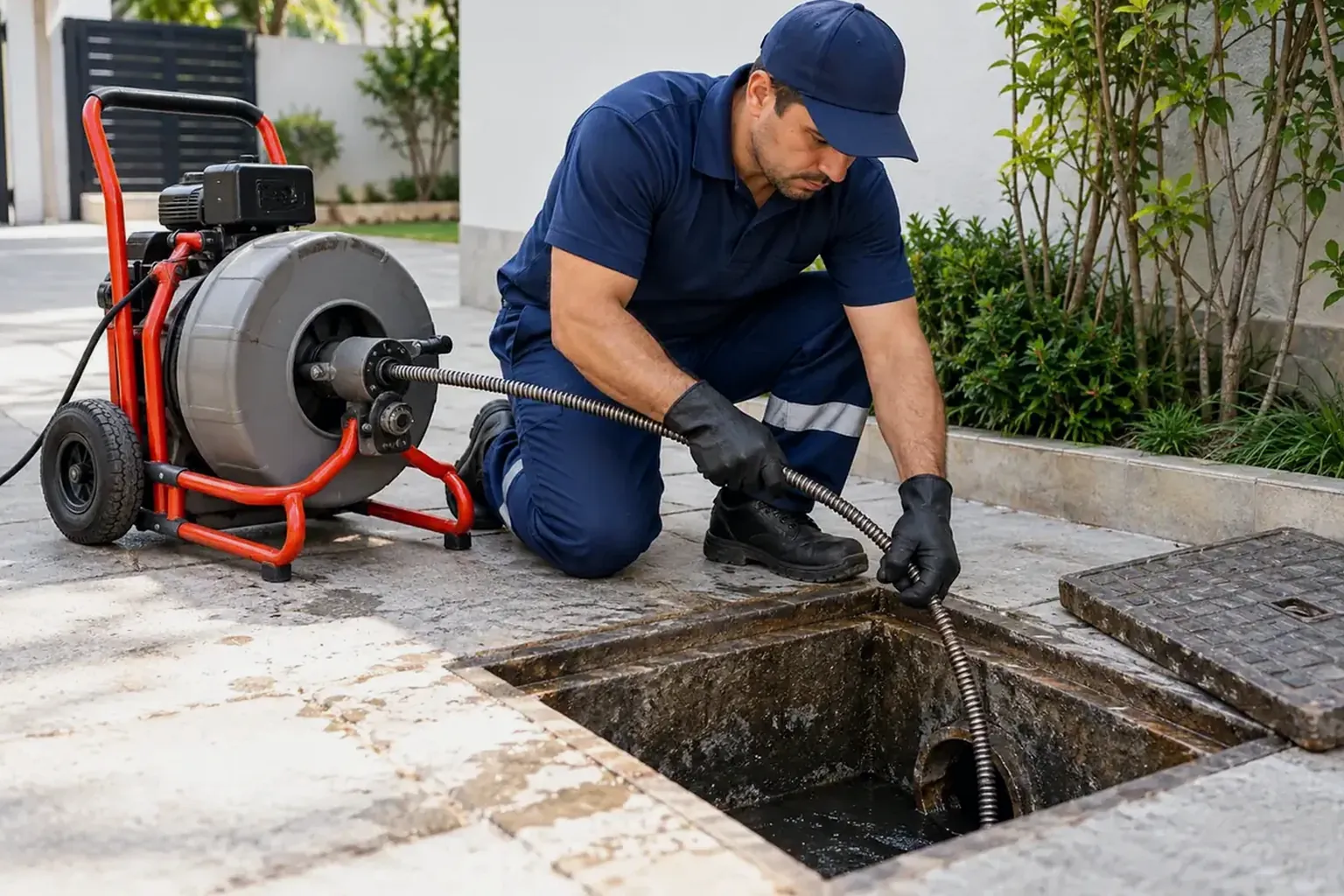 Profissional desentupindo um esgoto com equipamentos de desobstrução.