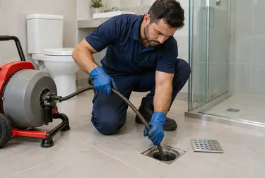 Profissional desentupindo um ralo com equipamentos adequados para desentupimento.