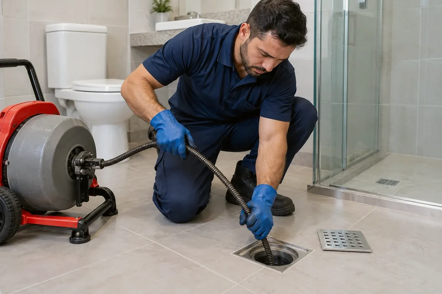 Profissional desentupindo um ralo com equipamentos adequados para desentupimento.
