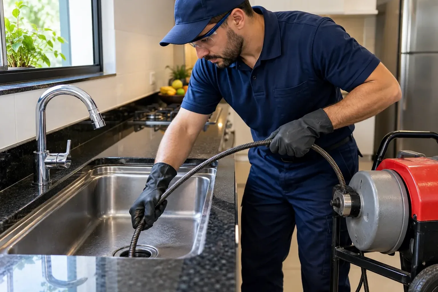 Profissional desentupindo uma pia com ferramentas especializadas à disposição.