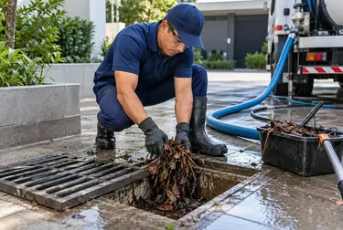 Profissional realizando desentupimento de rede pluvial para evitar alagamentos.