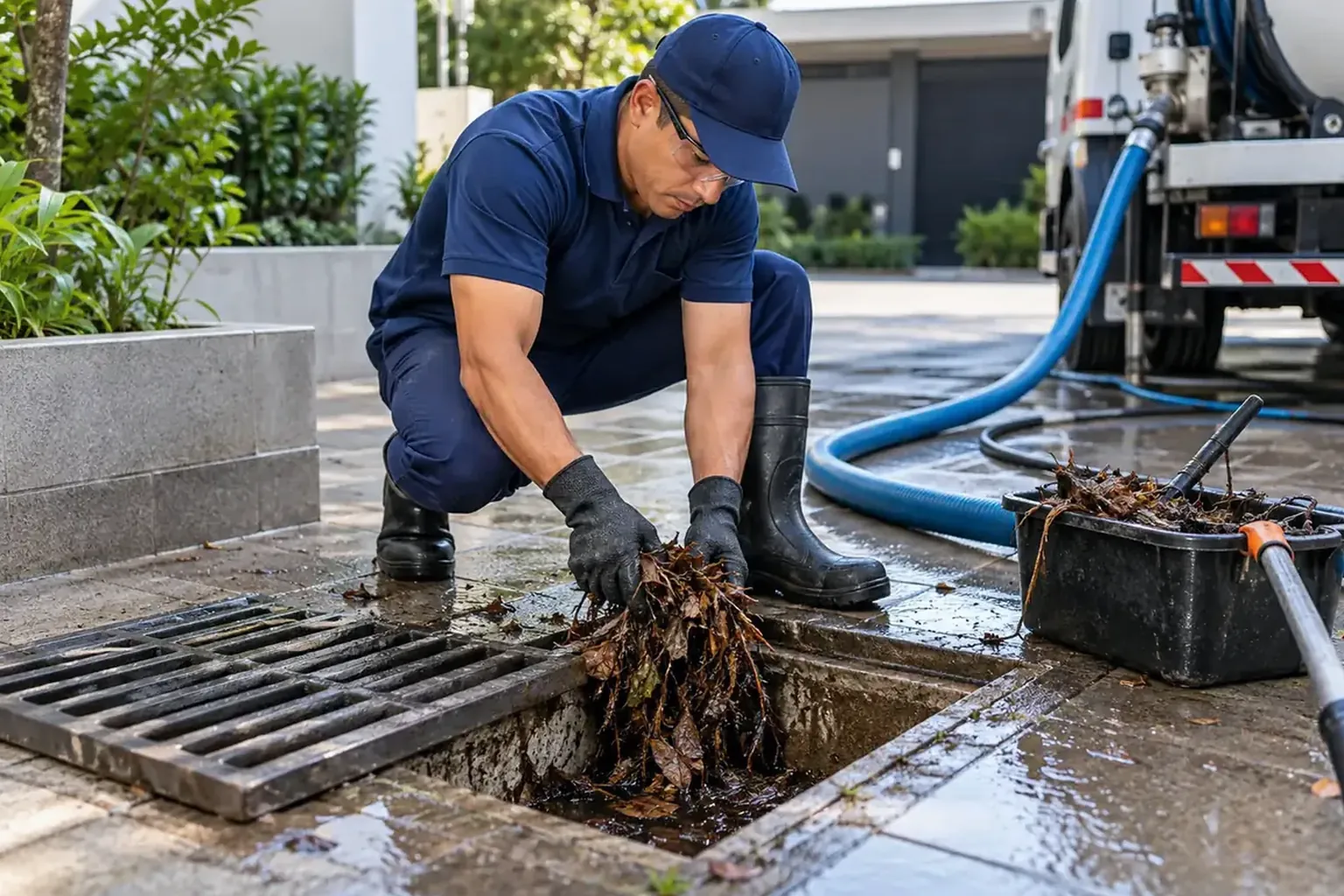 Profissional realizando desentupimento de rede pluvial para evitar alagamentos.