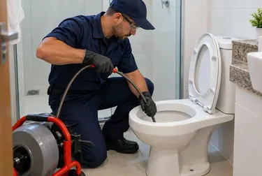 Profissional realizando desentupimento de um vaso sanitário com ferramentas especiais.