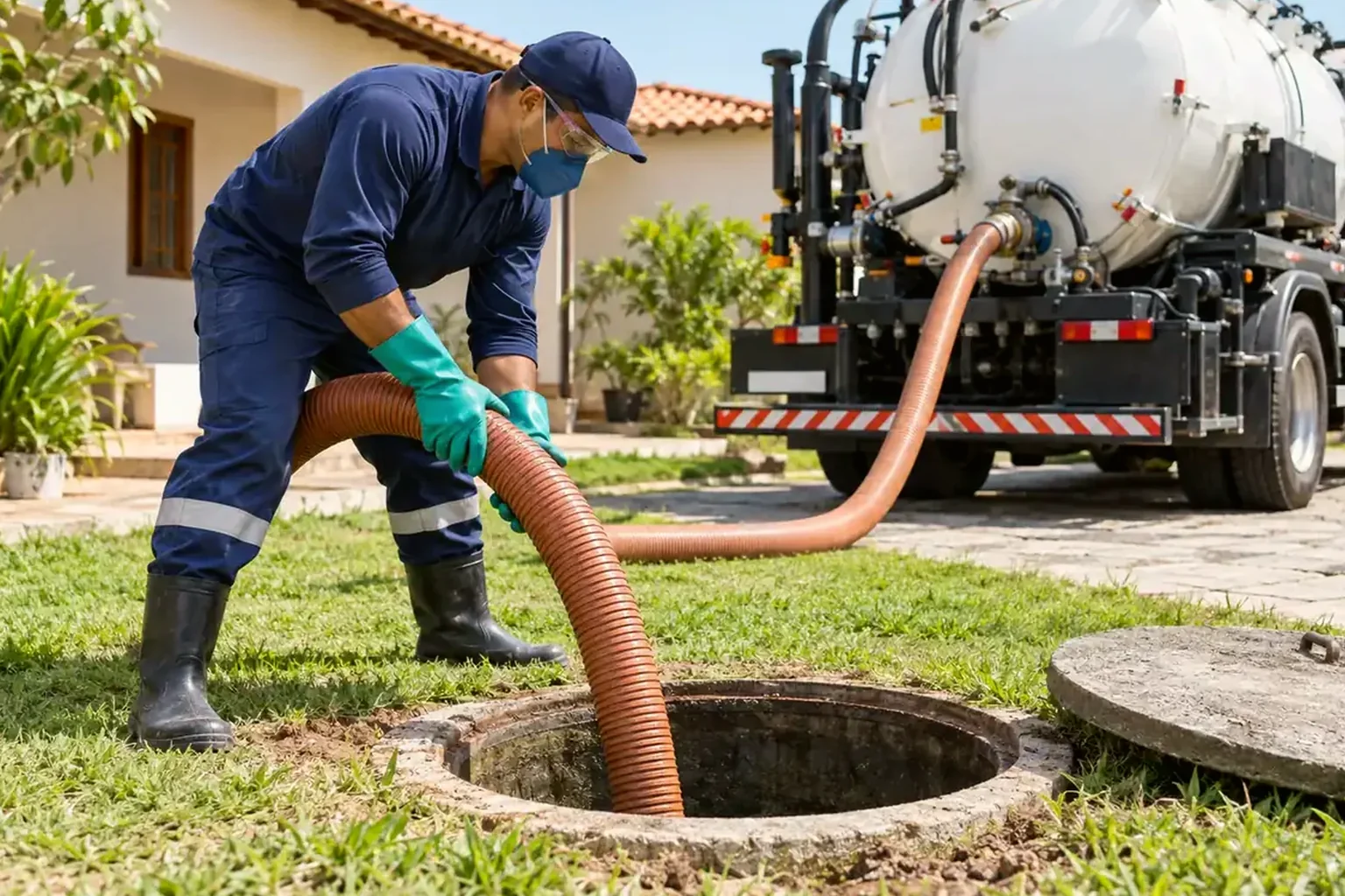 Profissional realizando limpeza em uma fossa séptica com ferramentas adequadas.