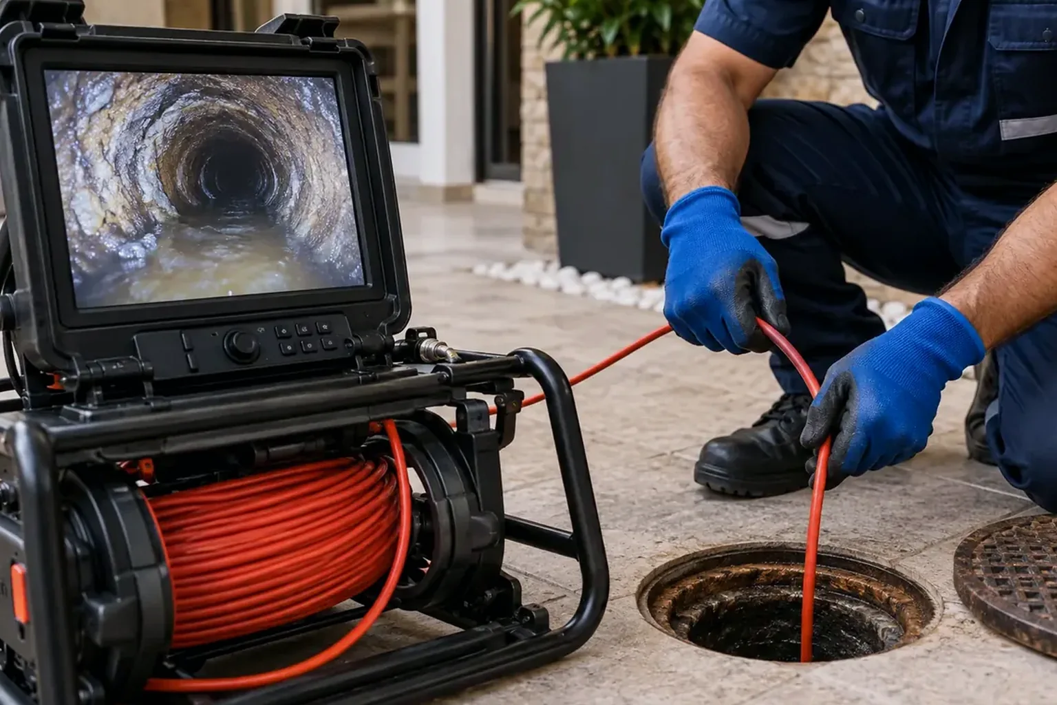 Profissional utilizando câmera para inspecionar tubulações em Araxá.