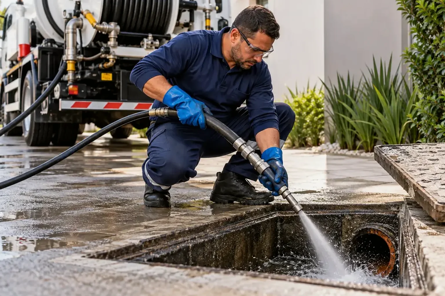 Profissional utilizando hidrojato para desobstruir tubulações em Araxá.